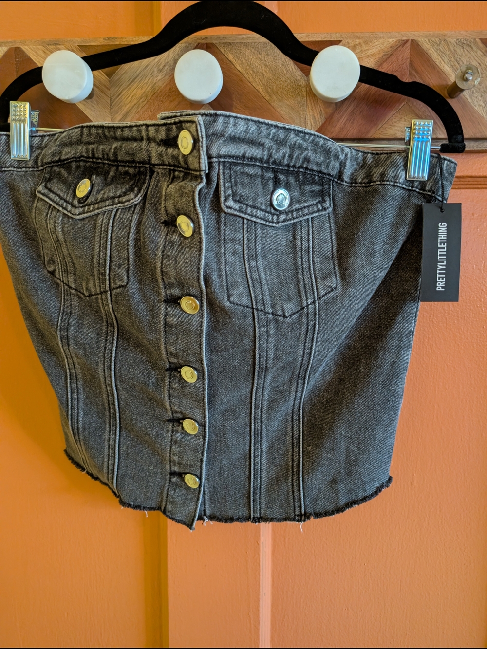 PrettyLittleThing Charcoal Black Button-Front Denim Mini Top
